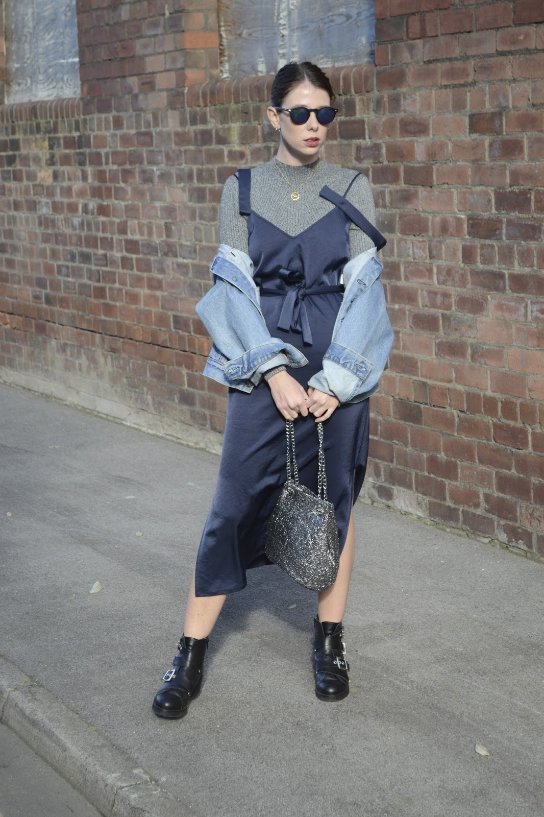How to style denim jacket, with slip dress and ankle boots