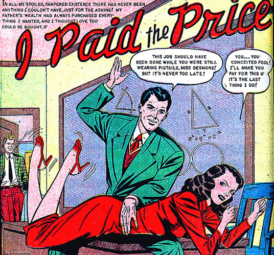 Old comics panel of man with woman across his knees, about to spank, in a classroom