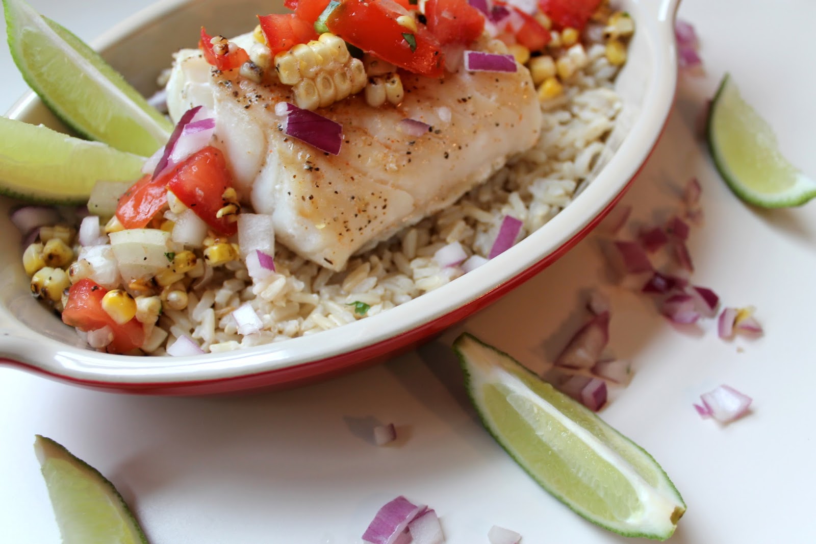 The Berger Bungalow Cod Rice Bowl Topped With Fresh Corn Salsa