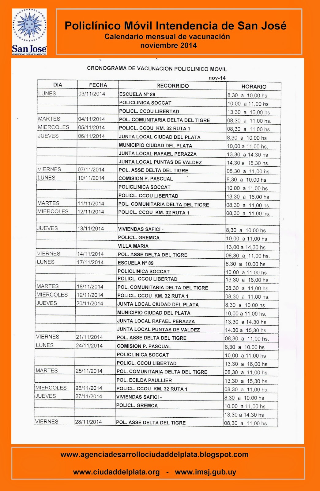 Agencia de Desarrollo y Descentralización Ciudad del Plata Calendario
