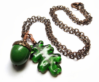 Lampwork glass 'Acorn & Oak Leaf' necklace by Laura Sparling