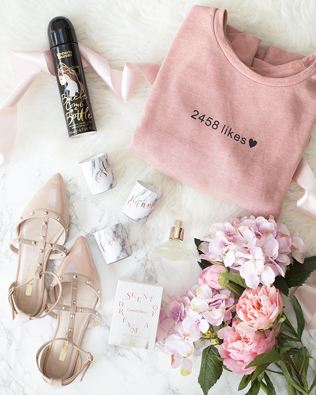 Primark Jumper & Studded Ballerina Shoes, Charlotte Tilbury Scent of a Dream Perfume, Marble Candles