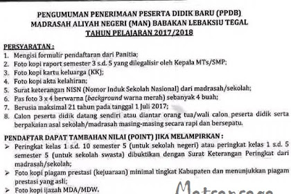 Pengumuman Penerimaan Peserta Didik Baru MAN Babakan Lebaksiu Tegal Tahun 2017