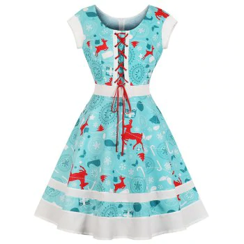 Round Collar Draw String Lace Up Christmas Dress