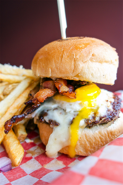 Burger 320 - homemade burgers and fries - Burger topped with bacon, egg, and cheese curds - Calgary, AB Canada Burger 320 - homemade burgers and fries - Burger topped with bacon, egg, and cheese curds - Calgary, AB Canada