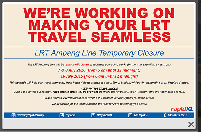 LRT Ampang Line ditutup sementara Pada Bulan July 2016
