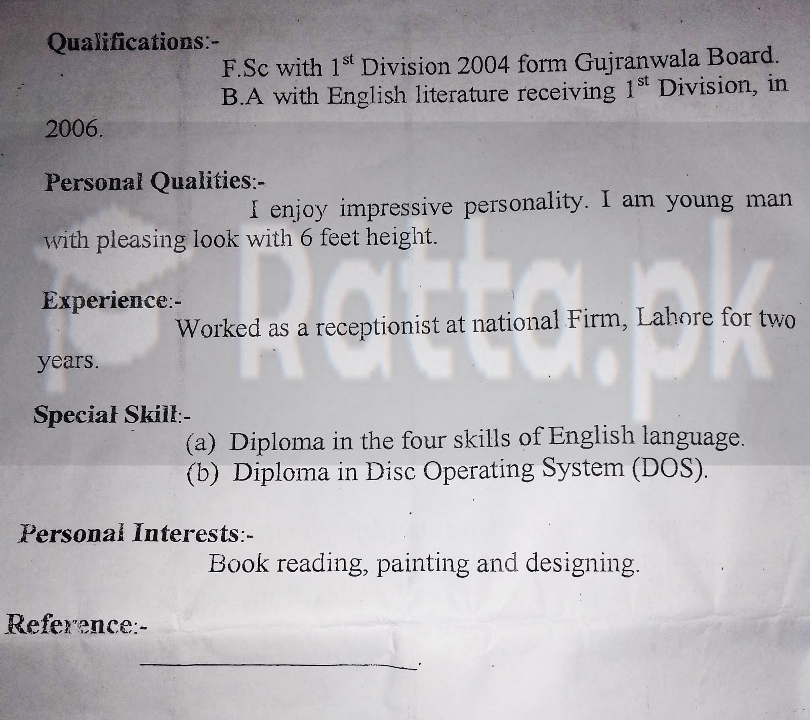 English Application for Job for BA/BSC Level Students