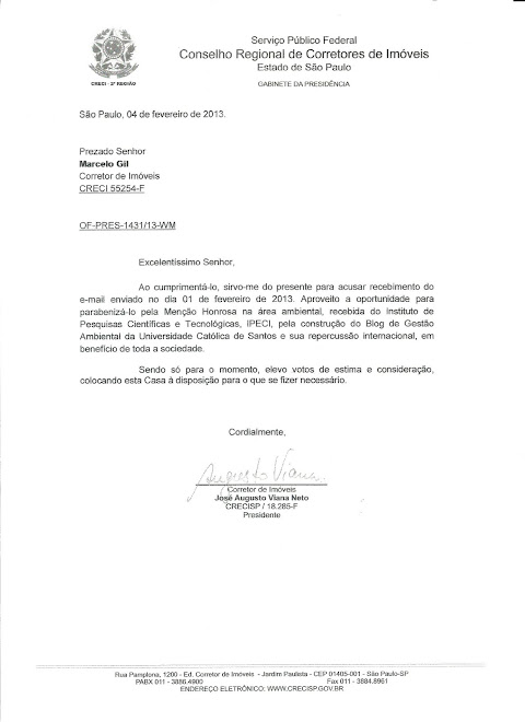 CARTA DE RECONHECIMENTO ENCAMINHADA PELO PRESIDENTE DO CRECI/SP PARA MARCELO GIL / 2013