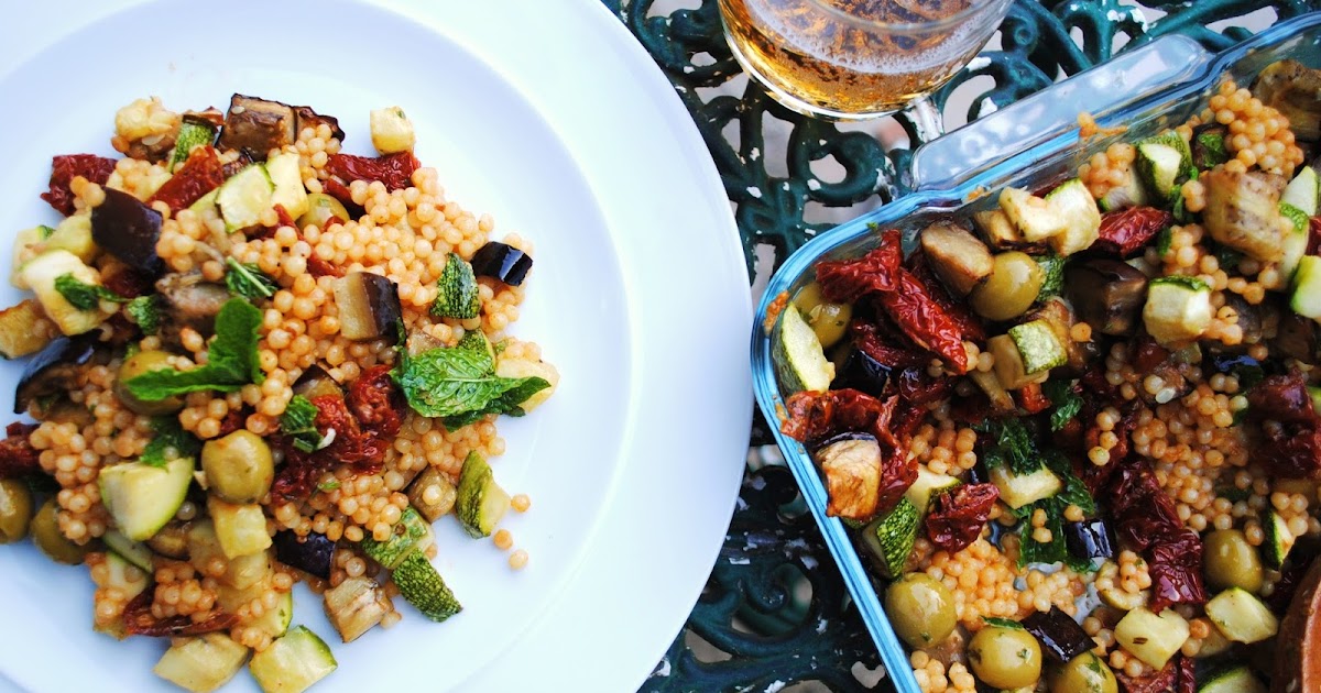 Feeding Cravings Giant Couscous Salad with Roasted Aubergine and Courgette