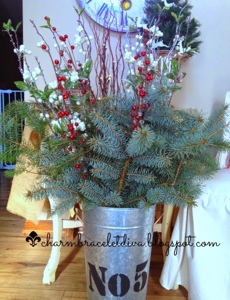 galvanized French flower bucket Christmas greens pre-lit faux branches