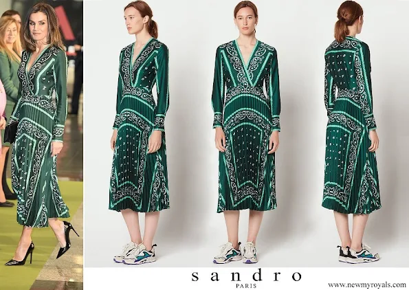 Queen Letizia wore a scarf print dress by Sandro Paris