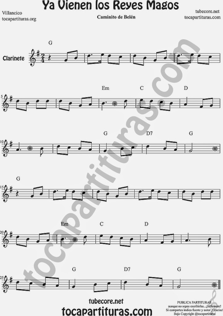 Ya vienen los Reyes Magos Partitura de Clarinete Sheet Music for Clarinet Music Score
