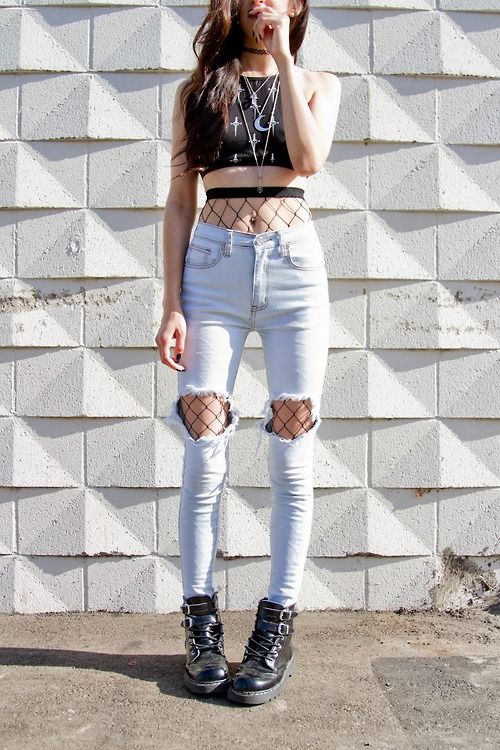 ripped jeans with fishnet underneath
