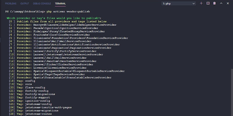 Daftar provider dan tags pada php artisan vendor:publish