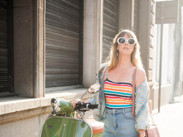 Outfit: scooter, rainbow stripes and mules