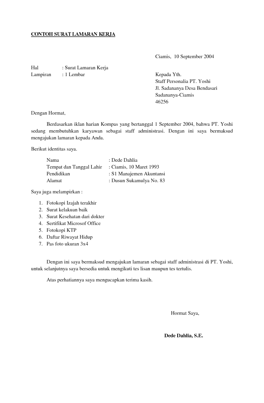 Format Surat Lamaran Kerja dan CV - ben jobs