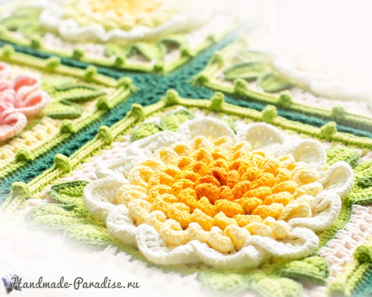 Плед Пионы крючком объемными мотивами (2)