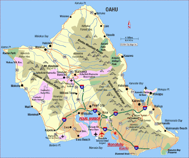 Mapa rodoviário da Ilha Oahu - Havaí