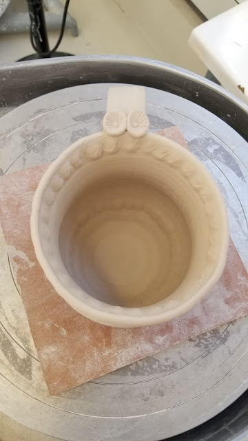Textured stoneware pottery mug by Lily L, in progress.