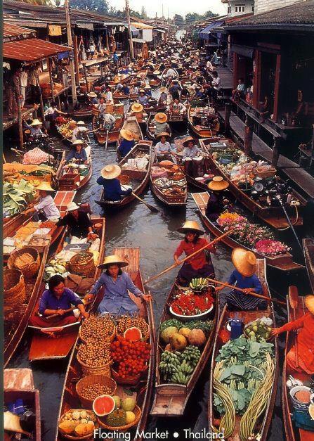 A floating market is a market where goods are sold from boats. Originating in times and places where water transport played an important role in daily life, most floating markets operating today mainly serve as tourist attractions, and are chiefly found in Thailand, Indonesia and Vietnam.  Damnoen Saduak Floating Market is a notable floating market in Ratchaburi, Thailand, and a major tourist destination. The floating market at Damnoen Saduak is the old traditional way of selling vegetables, fruits,etc. from a small boat. Produce sold includes Malacca grape, Chinese grapefruit, mangoes, bananas, and coconut.
