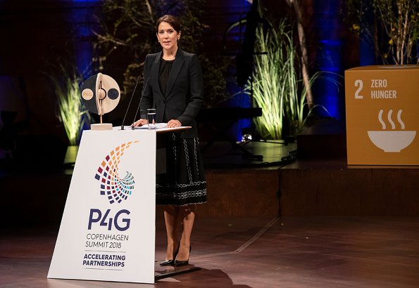 Crown Princess Mary wore Alexander McQueen Black leaf crepe jacket and Alexander McQueen Contrast-trimmed A-line Skirt