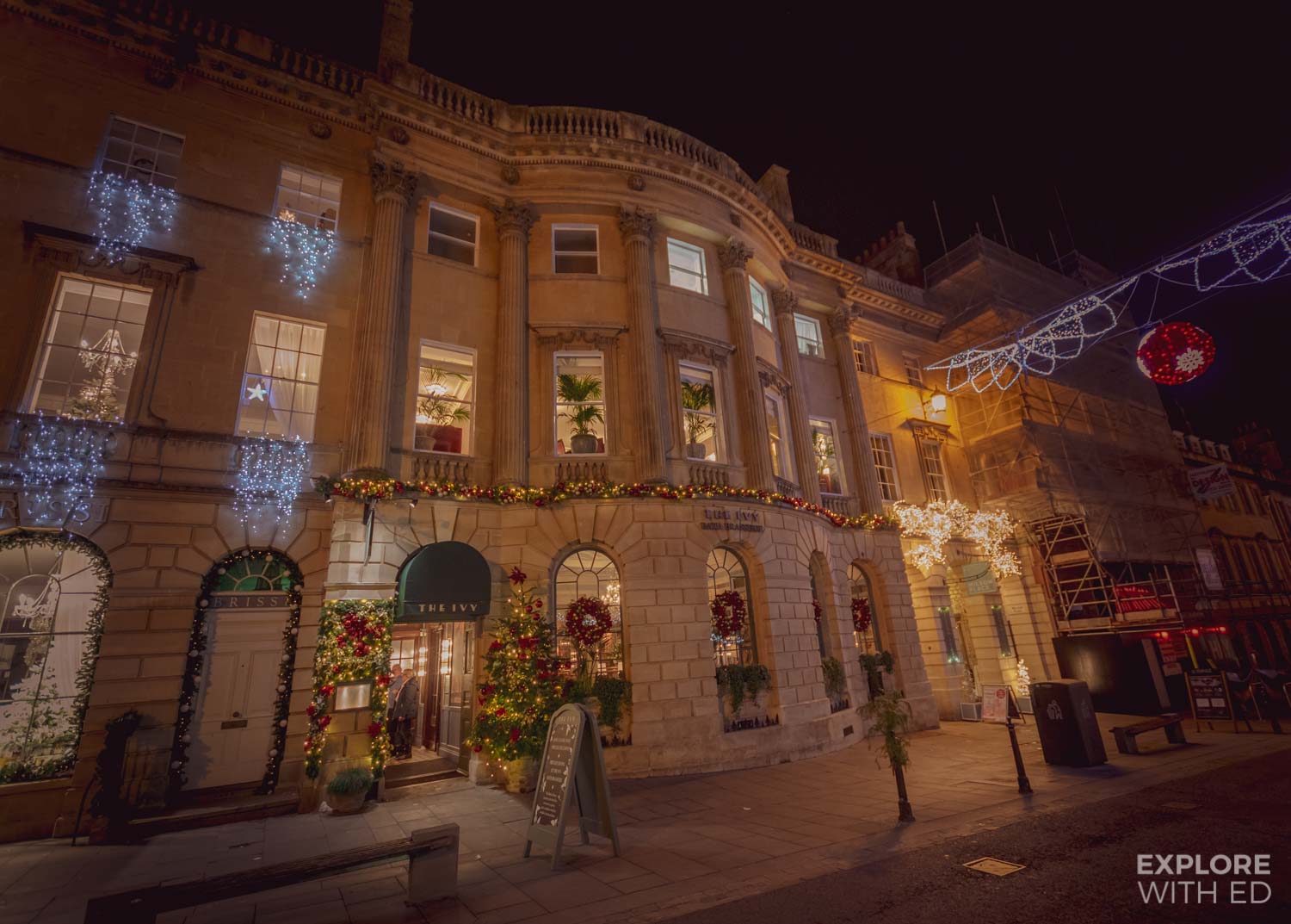 Festive exterior of The Ivy Bath Brasserie on Milsom Street