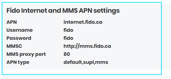 New Fido  MMS APN settings