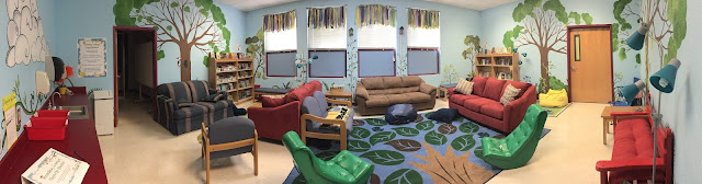The whole space! Our reading lounge includes cozy seating and garden-themed decor to provide a positive experience with reading.