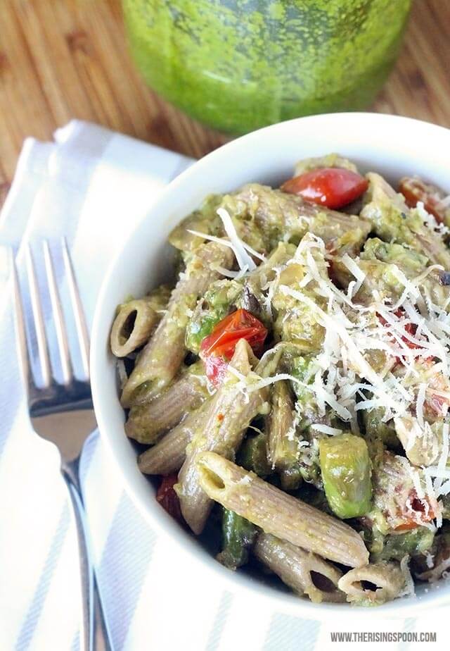 Creamy Pesto Penne Pasta with Tomatoes & Asparagus