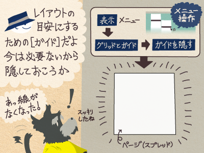 チップくん「レイアウトの目安にするための[ガイド]だよ。今は必要ないから隠しておこうか」ジミー「あっ線がなくなった！スッキリしたね」