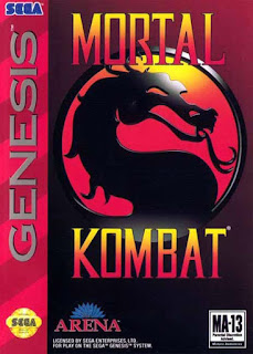 Carátula del cartucho de la Sega Genesis del videojuego Mortal Kombat, 1993, Probe Software (Acclaim)