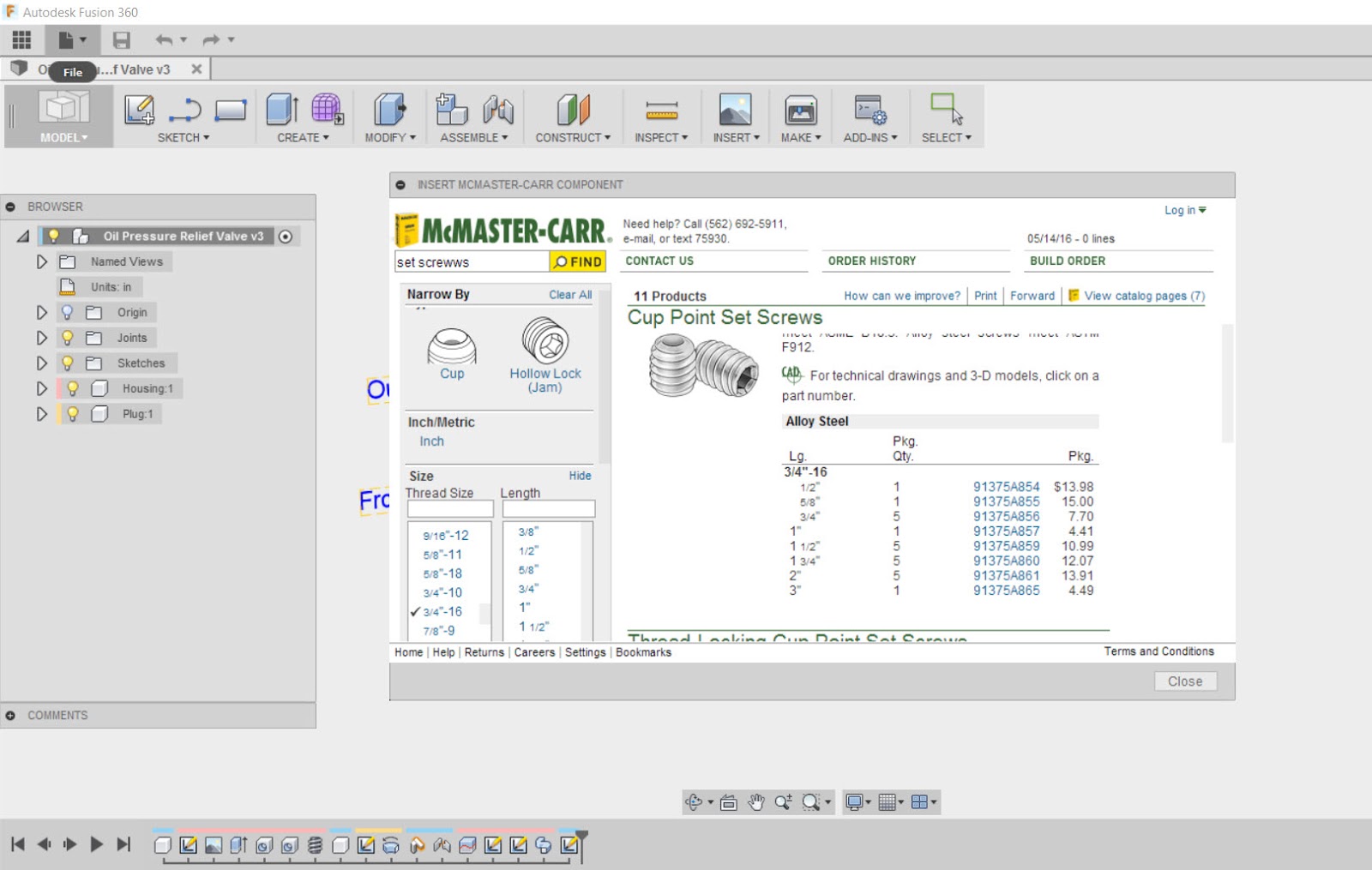 The McMasterCarr catalog in Fusion 360