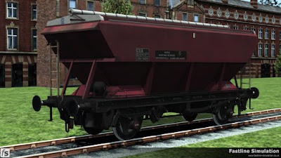 Fastline Simulation: A weathered CEA hopper in EWS maroon livery with stencil lettering and no logos.