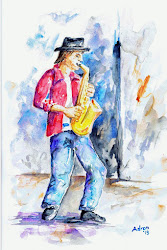 Artist Adron: Watercolor painting of man playing a saxophone
