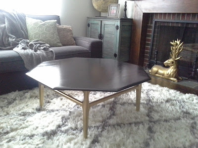 Mid Century Modern Octagonal Coffee Table Gloss Black and Brass Gold