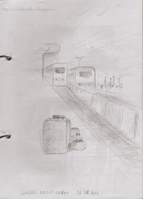 железнодорожный вокзал, чемоданы, пути, платформа, поезда, рисунок карандашом