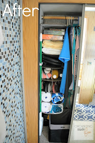 AFTER: Using Tidy Living 3+8 Compartment Hanging Organizer to maximize storage space in RV hallway closet