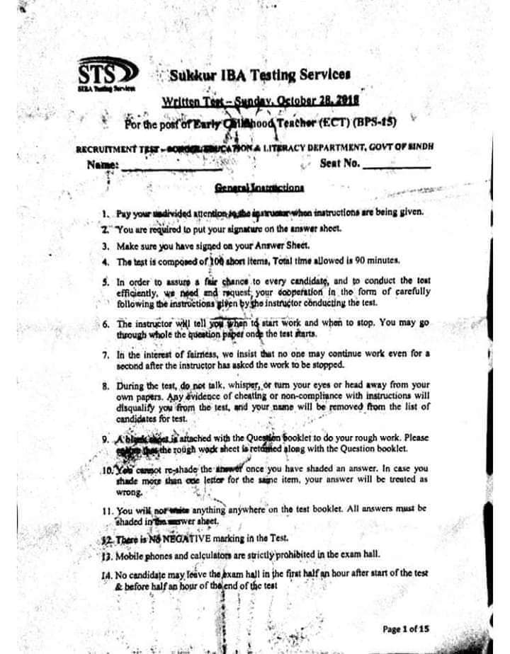 KNOWLEDGE FOR ALL MCQs, QUESTION PAPER OF ECT (EARLY CHILDHOOD TEACHER