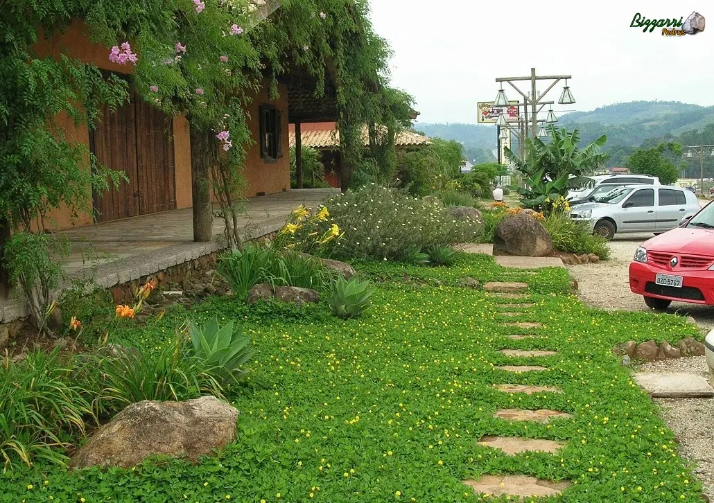 Caminho no jardim com pedra moledo chapada com a execução do paisagismo com as pedras ornamentais e o gramado com grama amendoim.