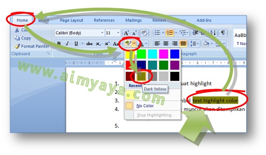 Gambar: Cara mudah untuk membuat atau menambahkan warna highlight text di Microsoft Word 2007