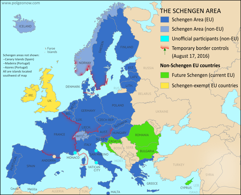 Map of Temporarily Reintroduced Border Control in the Schengen Area (the European Union's border-free travel zone) in August 2016, color-coded for EU Schengen countries, non-EU Schengen countries, future Schengen countries, and Schengen-exempt EU countries, as well as microstates unofficially participating in the Schengen agreements (colorblind accessible).