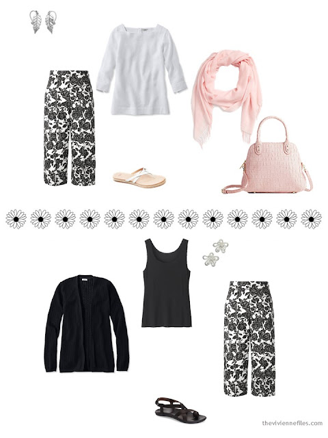 two warm-weather outfits including black and white floral pants two warm-weather outfits including black and white floral pants