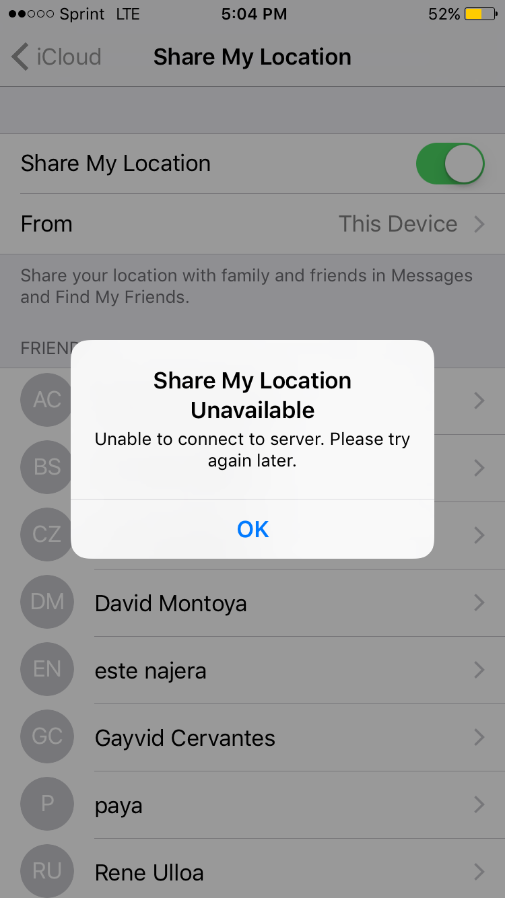 Share My Location Unavailable "Unable to Connect to Server" on iPhone X