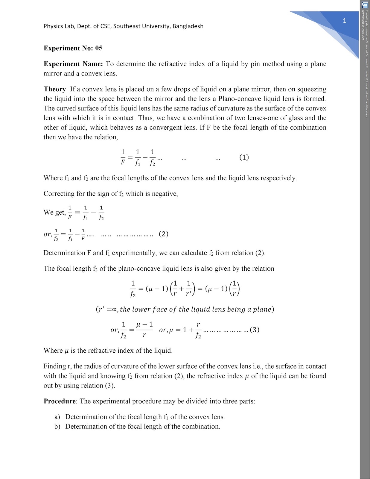 Expt.5 To determine the refractive index of a liquid by pin method