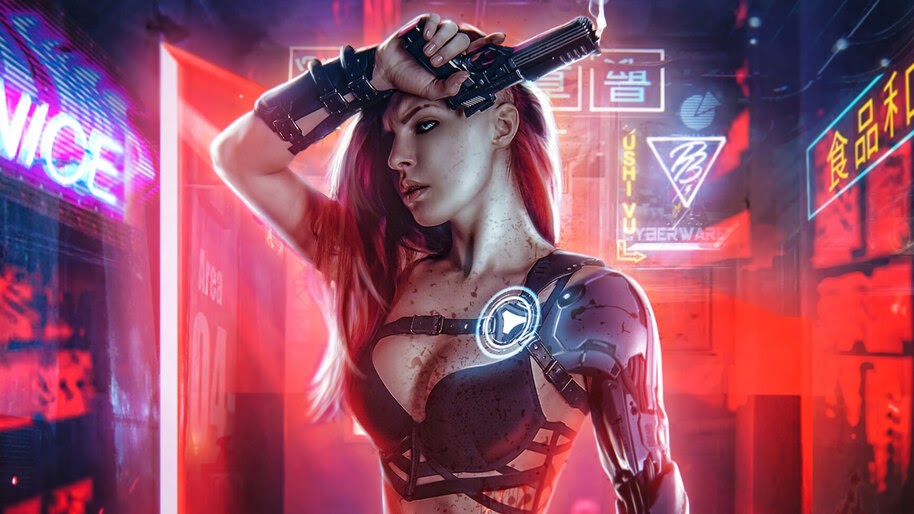 Cyberpunk, Girl, Pistol, Guns, Sci-Fi, 4K, #4.1056
