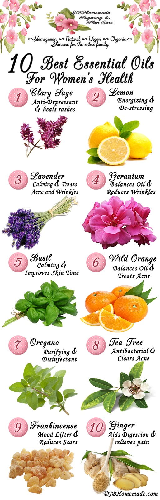 The 10 Best Essential Oils for Women's Health: Clary Sage, Lemon, Lavender, Geranium, Basil, Wild Orange, Oregano, Tea Tree, Frankincense, and Ginger. Why? Read more at JBHomemade