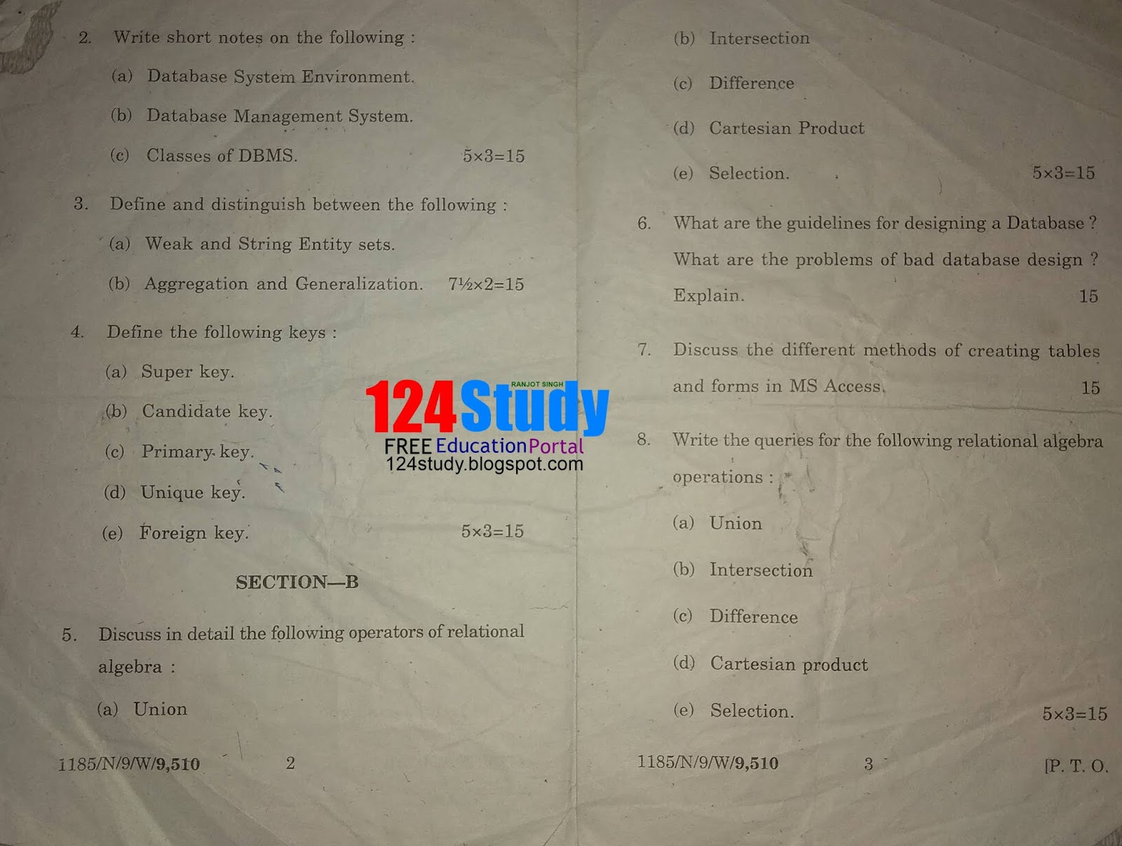 Punjabi University Patiala BCA 3rd Semester DBMS Question Paper By 124 Punjabi University Patiala BCA 3rd Semester DBMS Question Paper By 124