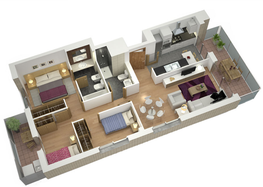 Denah Rumah Minimalis 3 Kamar Tidur 3D Denah Rumah Minimalis 3 Kamar Tidur 3D