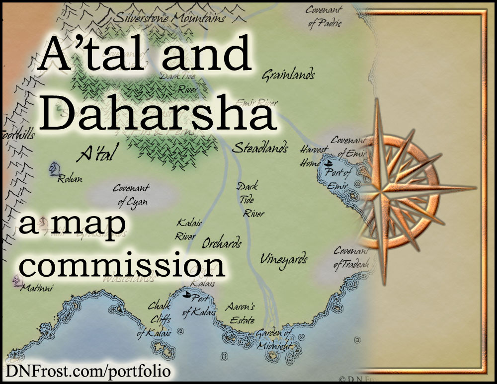 A'tal and Daharsha: fantasy realm of Morgyn Star http://www.dnfrost.com/2015/06/atal-and-daharsha-map-commission.html A map commission by D.N.Frost @DNFrost13 Part 1 of a series.