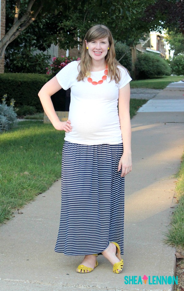 Striped maxi skirt with white tee and bright accessories - summer outfit idea | www.shealennon.com